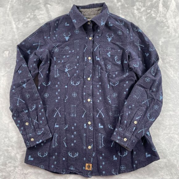 Legendary Whitetails Shirt Womens Large Navy Deer Hunting Print Cotton Flannel - Picture 2 of 16